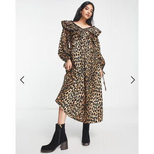 Damson Madder Bluebelle Leopard Print Midi Dress Sz 10 Ruffle Animal Boho Black